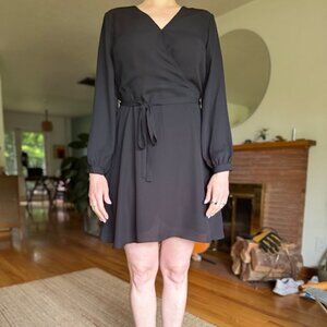 EUC classic black faux-wrap dress with tie, cute button detail at sleeve
